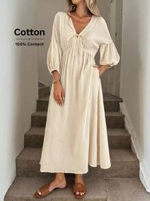 SHEIN LUNE V 领蝴蝶结灯笼袖褶腰 A 字形喇叭下摆双层绉布 100% 纯棉休闲宽松通勤复古风格女式长裙 - 杏色 - 查看 4