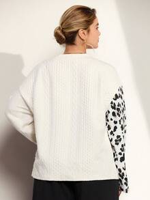 Momelise Tee-shirt à manches longues pour femmes grandes tailles, col en V, imprimé léopard patchwork. Tenue décontractée pour l'extérieur, campagne, vacances d'été tout blanc, promenade printanière ensoleillée, vacances, look vintage de fête. Pull tricoté marron d'automne pour femmes - Multicolore - Voir 3