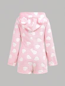 SHEIN 少女心形图案拉链前长袖连帽法兰绒连体裤，秋冬 - 粉色 - 查看 2