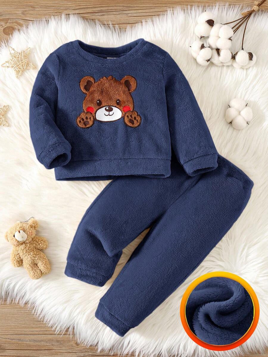 SHEIN 2 件套男婴可爱熊刺绣长袖上衣和法兰绒长裤睡衣套装，秋冬 - 彩色 - 查看 1