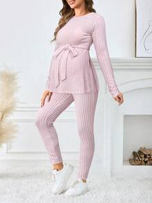 SHEIN 孕妇装女款纯色罗纹针织套装 孕妇两件套 两件套休闲套装 两件套孕妇套装 孕妇休闲服套装 舒适两件套 - 粉色 - 查看 6