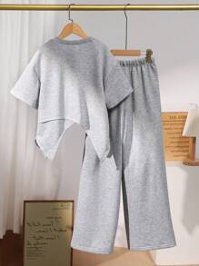Ensemble T-shirt à manches courtes col rond et pantalon long taille élastique, style asymétrique, pour préadolescentes, en couleur unie