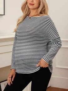 SHEIN Maternity Casual Commuter Striped Boat Neck Long Sleeve T-Shirt - Black and White - View 3