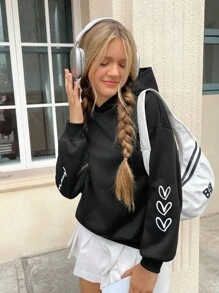 SHEIN 青少年女孩愛心和標語圖案連帽衫