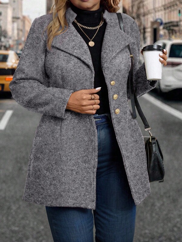 SHEIN Clasi Plus Size Women Autumn/Winter Single Breasted Long Sleeve Long Casual Jacket