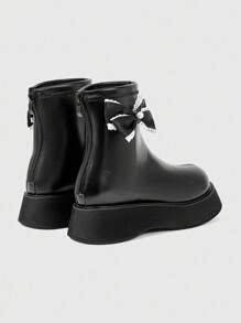 ROMWE Grunge Punk 2.0in Heel Lace Bow Round Toe Zipper Back Punk Style Leather Platform Ankle Boots, Casual Thick Sole Ankle Boots For Women - Black - View 10