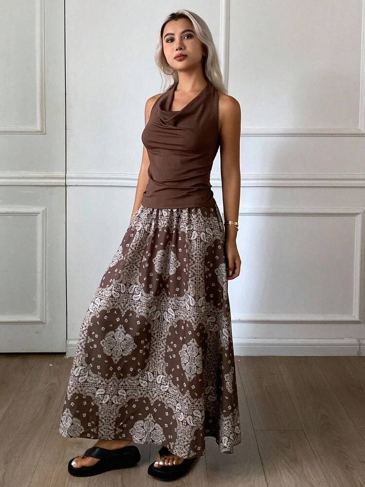 2pcs/Set Women's Solid Color Draped Neck Camisole And Skirt, Vacation Style Boho