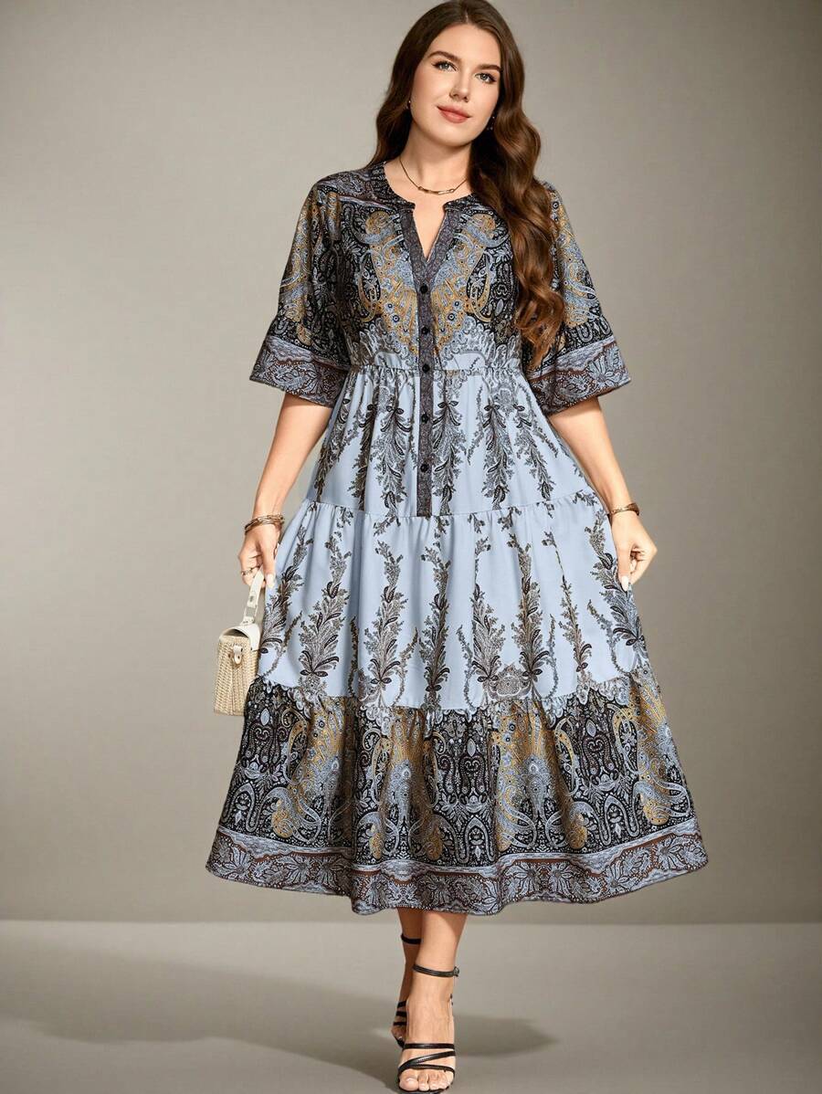 SHEIN Clasi 大码随机印花连衣裙 Maxi 女装 - 淺藍色 - 查看 1