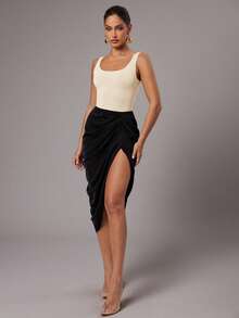 Silquee 女士性感纯色露背无袖紧身衣 - 杏色 - 查看 7