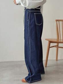 FRIFUL Women's Pocket Loose Wide Leg Casual Versatile Jeans Wide Leg Jeans Women Women Jeans Baggy Drawstring Pants Elastic Waist Jeans Baggy Jeans - Blue - View 1