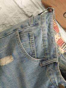 Manfinity Homme 男士纯棉磨破猫抓牛仔短裤纯色深蓝色外出复古朋友男士短款牛仔裤，emo 风格