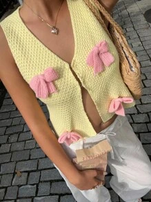 Sunnyshic Vintage American Casual Vacation Women's Black & Beige Striped V-Neck Sleeveless Sweater Vest - Multicolor - View 3