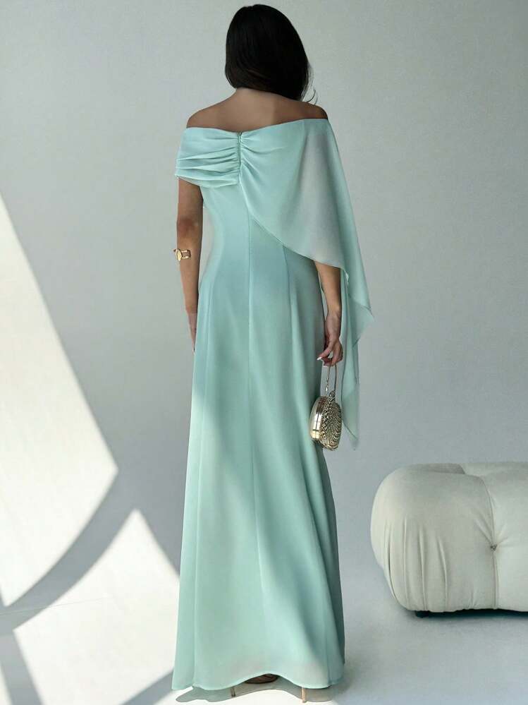 Aloruh New Off Shoulder Boat Neck Asymmetric Ruffle Fitted Dress, Elegant Birthday Party Cocktail Dress, Long Maxi Green Mermaid Hem Gown,Fall Dresses For Women,Prom Dress,Fall Wedding Guest Dress - Green - View 5