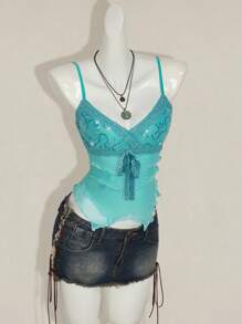 SHEIN ICON 女式性感辣妹千禧风格 Y2K 前卫时尚亮片拼接网眼蕾丝系带 V 领不对称多层下摆修身湖蓝色吊带上衣，性感上衣 - 綠色 - 查看 6