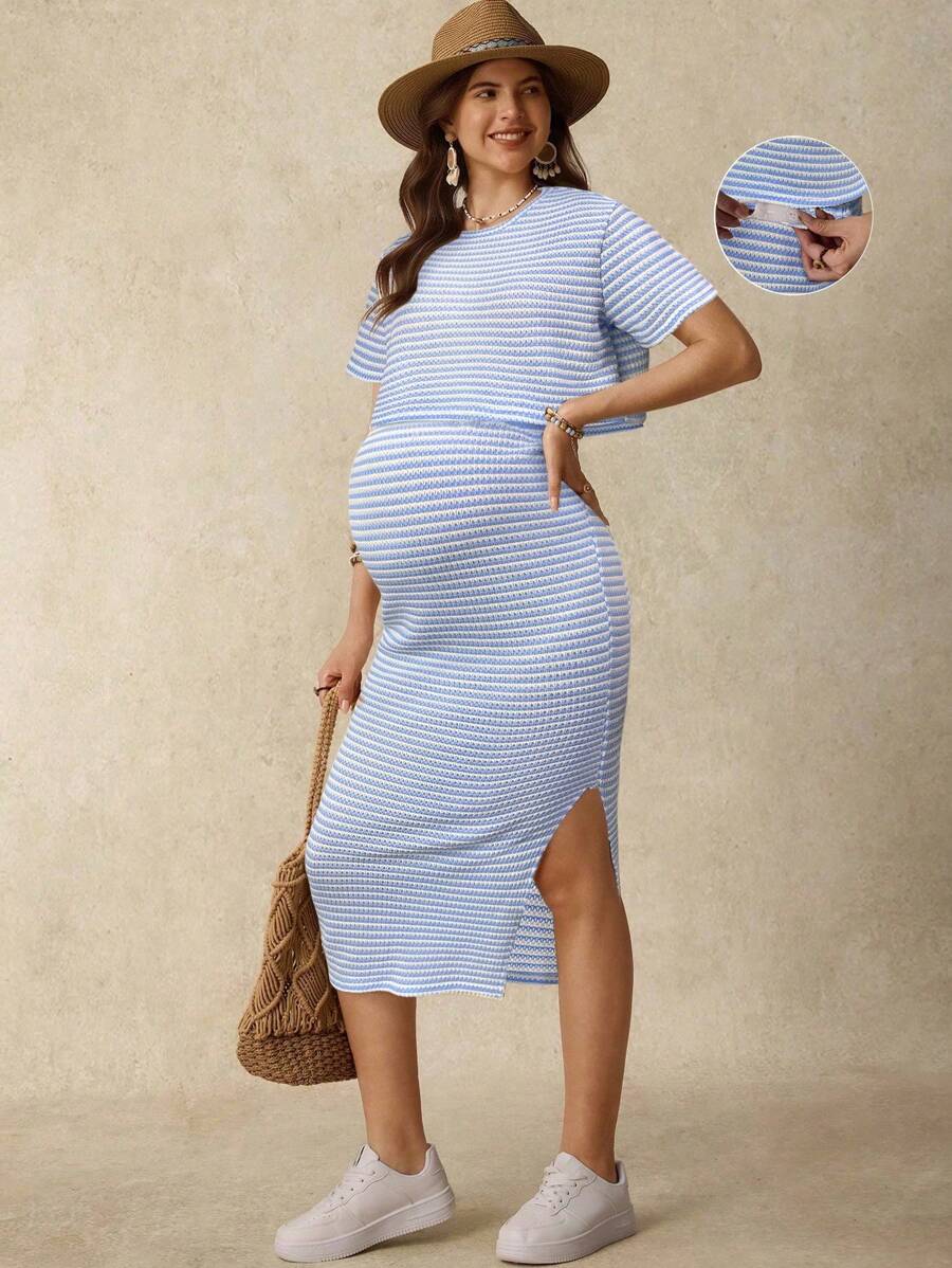 Boho Mama 2件套孕妇条纹圆领短袖T恤和可调节腰部休闲裙套装