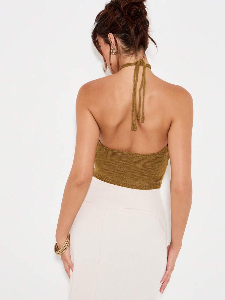 KIZN Metallic Knit Halter Top With Braided Detail