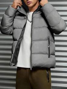 RueChic 1pc Men's Casual Patterned Grid Fabric Slim Fit Padded Coat - Grey - View 4