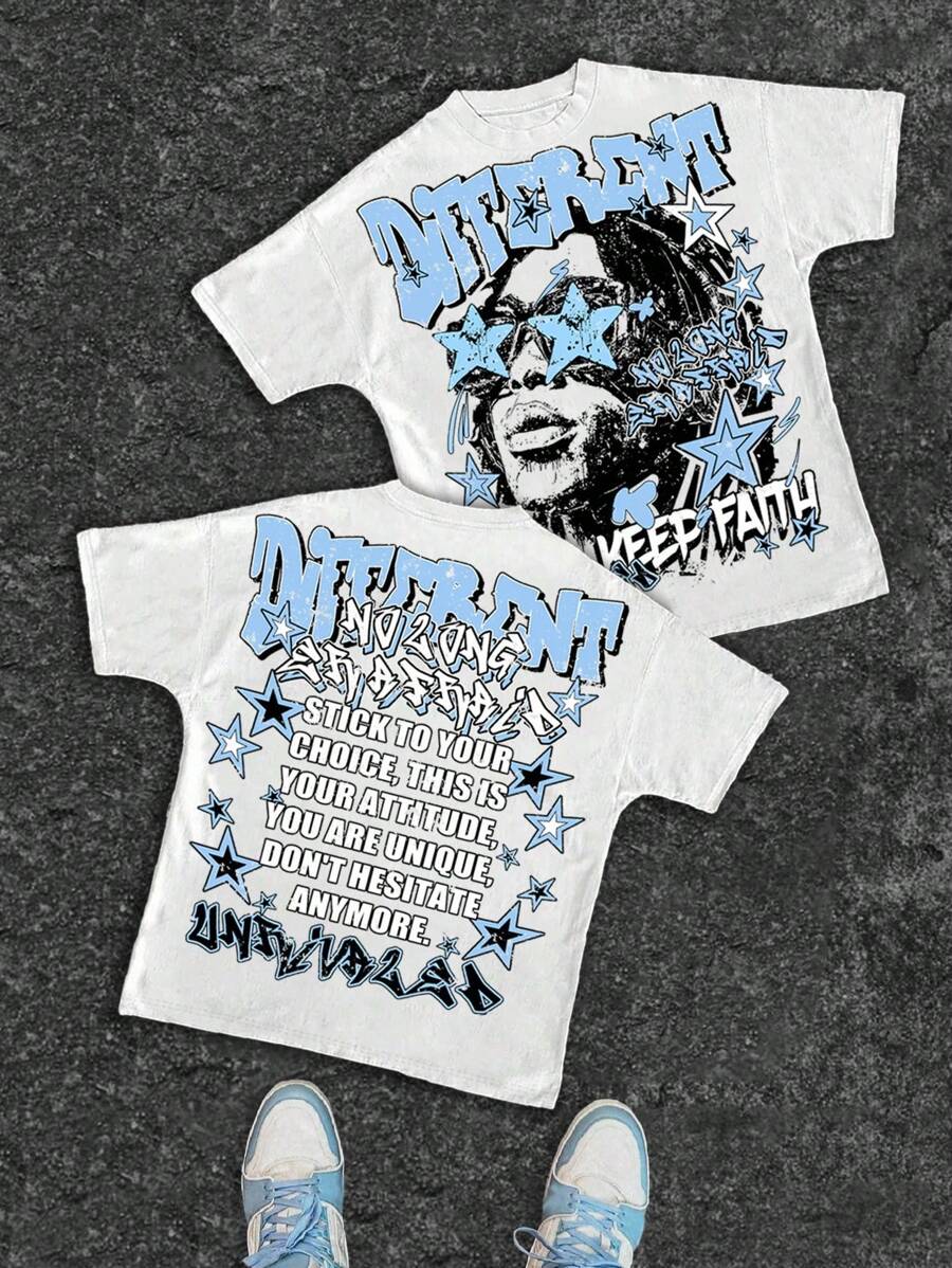 Slaydiva 休闲简约圆领短袖宽松T恤女，适合街头嘻哈人像印花，适合黑色嘻哈 - 彩色 - 查看 1