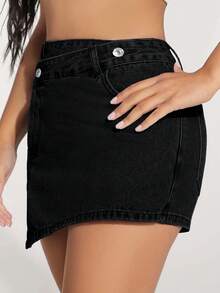 SHEIN PETITE Women's Asymmetric Hem Casual Denim Skort With Pockets - Black - View 3