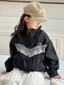 Dazy Kids 年轻女孩落肩长袖蕾丝拼布休闲单排扣时尚夹克 - 黑色 - 查看 5