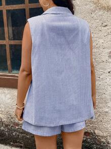 SHEIN LUNE 女士休闲条纹西装外套领短裤带口袋，2 件套毕业服装 7 月 4 日白色毕业蓝白条纹短裤套装女式女式条纹背心和短裤套装 2 件套条纹短裤套装女式蓝白条纹夏季服装女式条纹短裤套装秋冬女士 - 寶藍色 - 查看 6