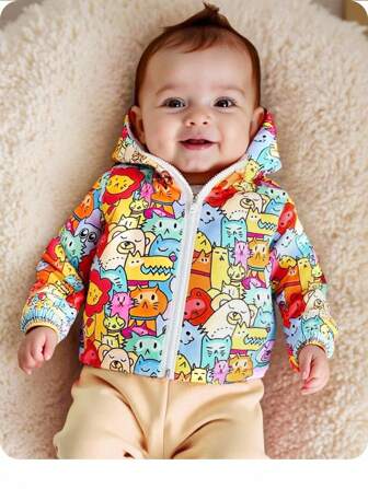 SHEIN Schattig cartoonpatroon capuchonjack voor pasgeboren meisjes, veelzijdig voor herfst/winter