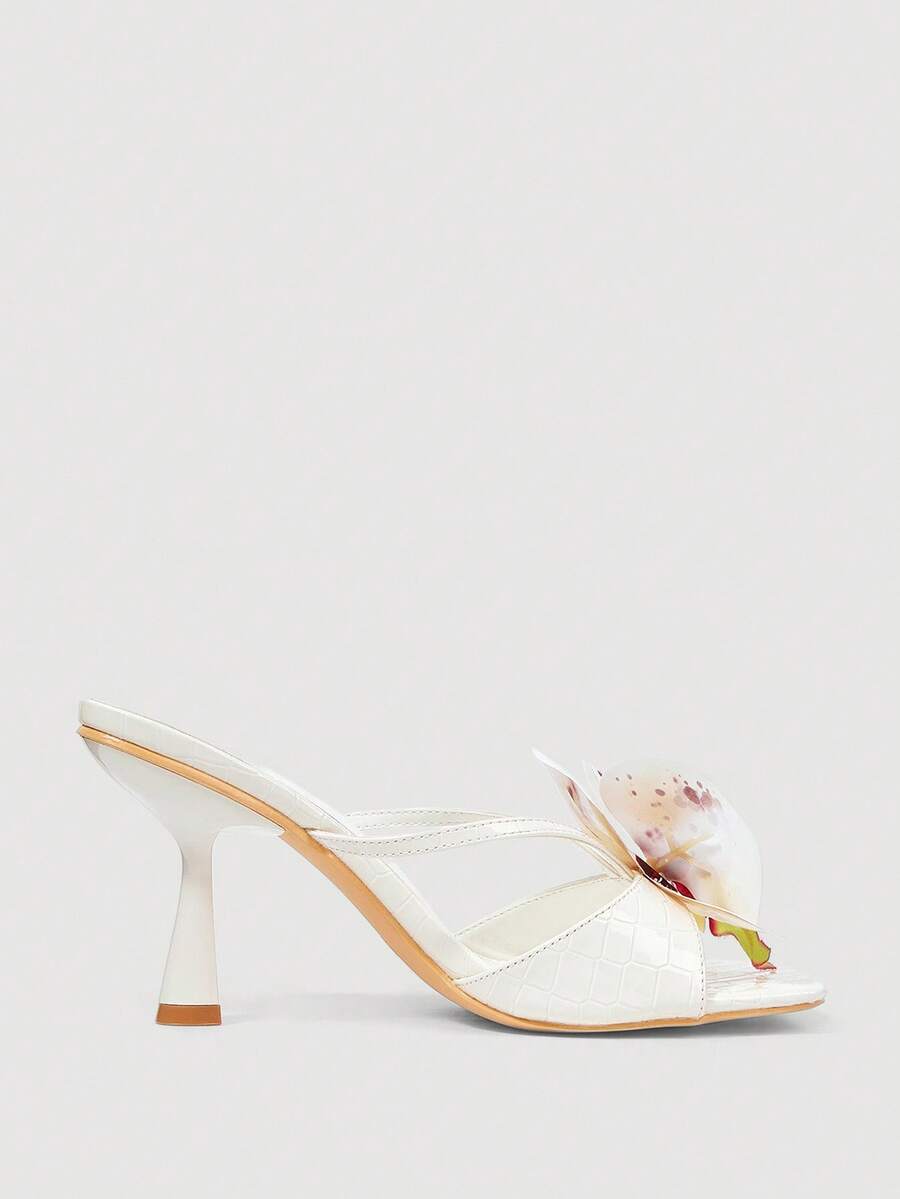 SheIn MOD Sandalias de tacón alto con puntera cuadrada y estampado floral para uso diario - Blanco - Ver 1
