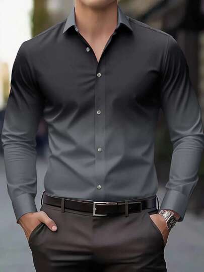 Manfinity Mode Men's Casual Commuter Ombre Long Sleeve Shirt, Spring Autumn Grey Shirt For Men Black Dress Shirt For Men Men Dress Shirt Business Casual Men Shirt Gray And Black Shirt Men Grey Dress Shirt Men Black And Grey Dress Shirt Grey Dress Shirts For Men Men Stretch Dress Shirt,Fall