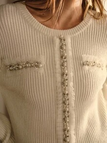 MOTF PREMIUM FAUX PEARL TRIM SLIM FIT SWEATER - White - View 3