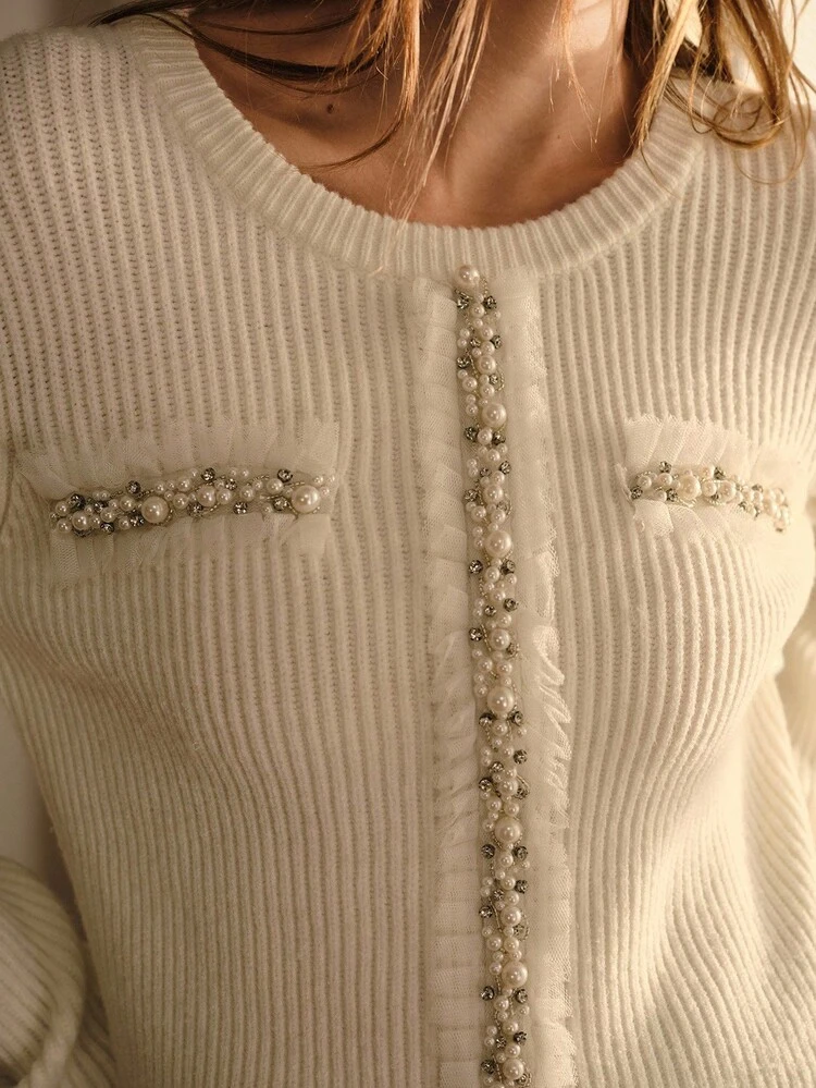 FAUX PEARL TRIM SLIM FIT SWEATER