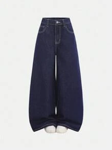 Girlism Jeans larges et amples à motif croisé imprimé Halloween, style punk Y2K pour préadolescentes, en bleu foncé lavé, coupe ample. Idéal pour la rentrée scolaire, les sorties, les voyages quotidiens, les activités extérieures, la maison, les brunchs, les thés, les trajets, les aéroports, l'automne, l'hiver, Noël - Jean brut - Voir 2
