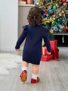 SHEIN 女婴圣诞秋冬可爱红色简约荷叶边长袖毛衣裙 - 藏蓝色 - 查看 2