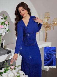 Modelyn Autumn/Winter Oblique Collar Long Sleeve Fitted Mermaid Hem Knitted Dress - Navy Blue - View 1