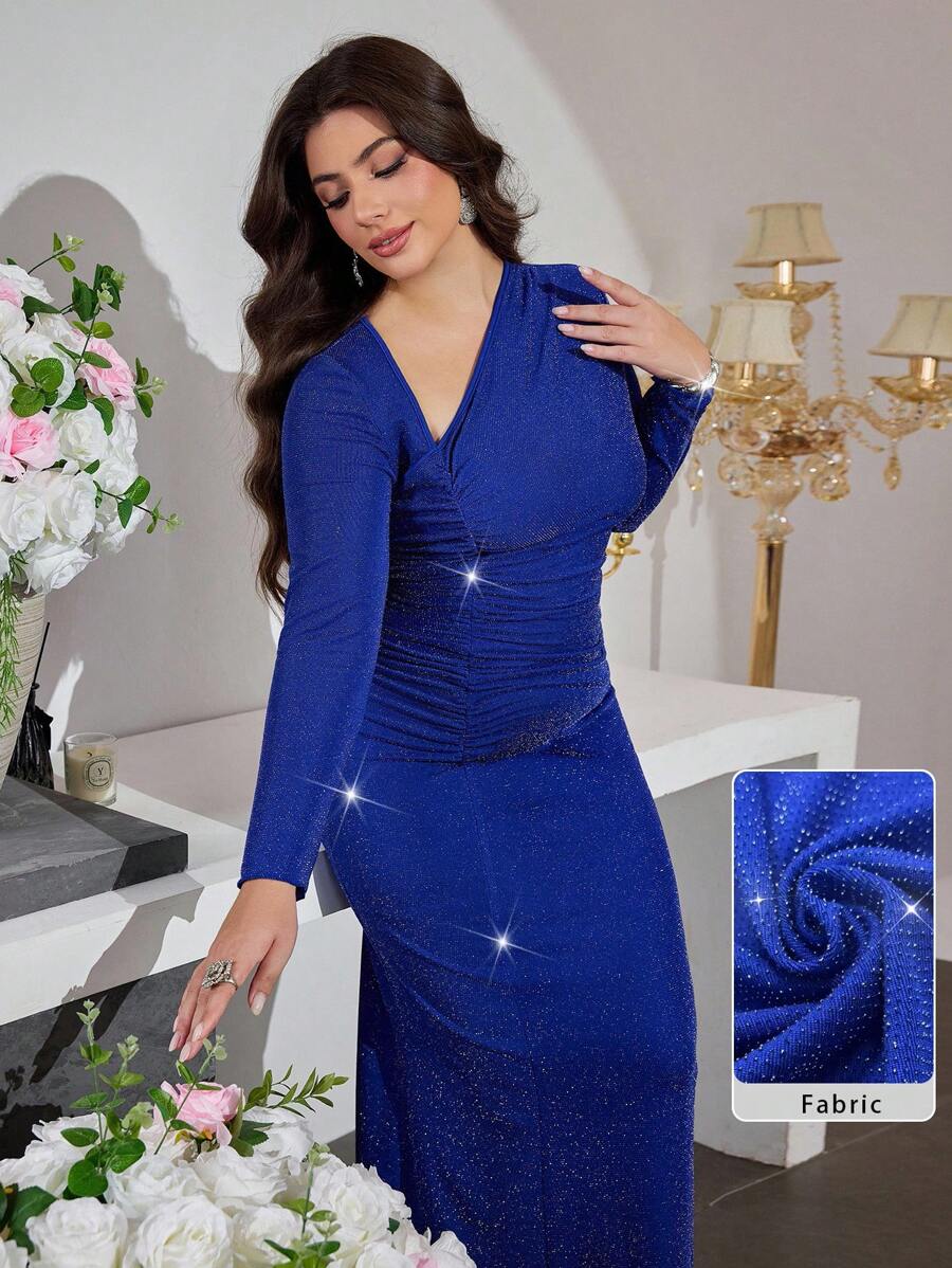 Modelyn Autumn/Winter Oblique Collar Long Sleeve Fitted Mermaid Hem Knitted Dress - Navy Blue - View 1