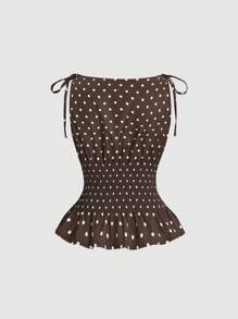 Sweetra Women's Elegant Polka Dot Shoulder Tie Bow Waist Drawstring Sleeveless Top, Flattering Casual Everyday Wear