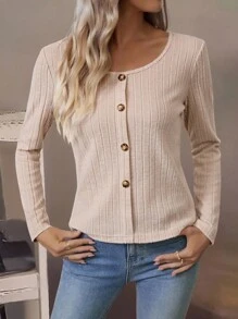 EMERY ROSE Women's Crew Neck Ribbed Fuzzy Button Embellished T-Shirt Fall Cloth For Women - Apricot - View 7