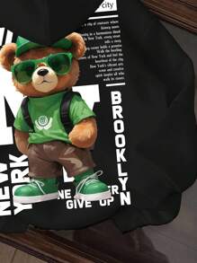 男童休闲简约纽约卡通熊图案舒适加厚针织长袖卫衣，秋冬季 - 黑色 - 查看 4