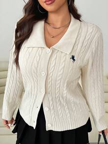 SHEIN EZwear 2026 Spring & Summer New Casual Outgoing Daily Wear Party Date Birthday Music Festival Back To School Commute Valentine's Day New Year Shirt Collar Cardigan Long Sleeve Horse Logo Embroidery Cable Knit Cardigan Knitwear Apricot Cream Color Preppy Style Plus Size Sweater