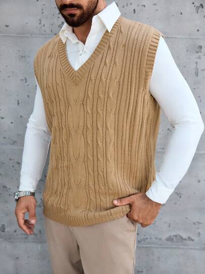 Manfinity Homme Plus Size Men's Casual Solid Color Knit Vest Cable Knit Vest , Fall Winter