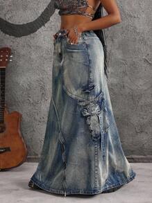 Jeanoix Chân váy Maxi denim cỡ lớn có túi tiện dụng dành cho nữ - Màu xanh lam - Xem 1