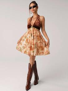 SHEIN ICON Váy ngắn nhung chắp vá phong cách cung điện cổ điển, gợi cảm cổ điển, thích hợp mặc dự tiệc và mặc hàng ngày, trang phục thời trang mùa thu cho phụ nữ - Nhiều màu - Xem 11