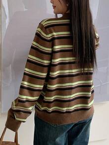 Dazy Plus Sweter damski w paski z kołnierzykiem polo i luźnym krojem w dużych rozmiarach, uniwersalny na jesień/zimę - Brązowy - Zobacz 9