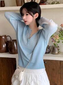 DAZY Henley Neck Lightweight Basic Long Sleeve Knit Sweater Top Fall - Blue - View 6