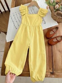 SHEIN X Scheana LMoss Kids Young Girl Woven Solid Color Ruffle Jumpsuit - Yellow - View 9