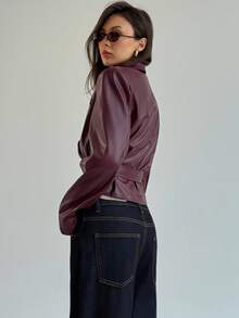 Aloruh 女式纯色长袖翻领PU皮革时尚西装外套 - 酒紅色 - 查看 3