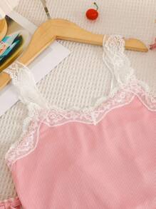 SHEIN 青少年女孩甜美撞色蕾丝花边吊带背心和印花短裤两件套睡衣套装，夏季 - 粉色 - 查看 5