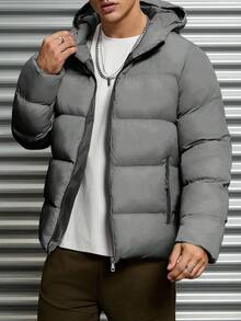 RueChic 1pc Men's Casual Patterned Grid Fabric Slim Fit Padded Coat - Grey - View 7