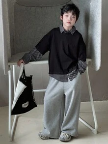 Dazy Kids 青少年男童宽松休闲格子拼接T恤，秋季款 - 黑色 - 查看 2