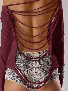 MUSERA Asymmetrical Neck Backless Long Sleeve Jersey Oversized Top Holiday Vacation Ibiza Festival Rave Cool Girl Party Elegant Spring Summer - Burgundy - View 5
