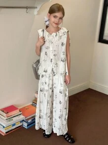 Hapijoa 2 件女童花卉荷叶边无袖上衣和裤子套装，夏季 - 白色 - 查看 5